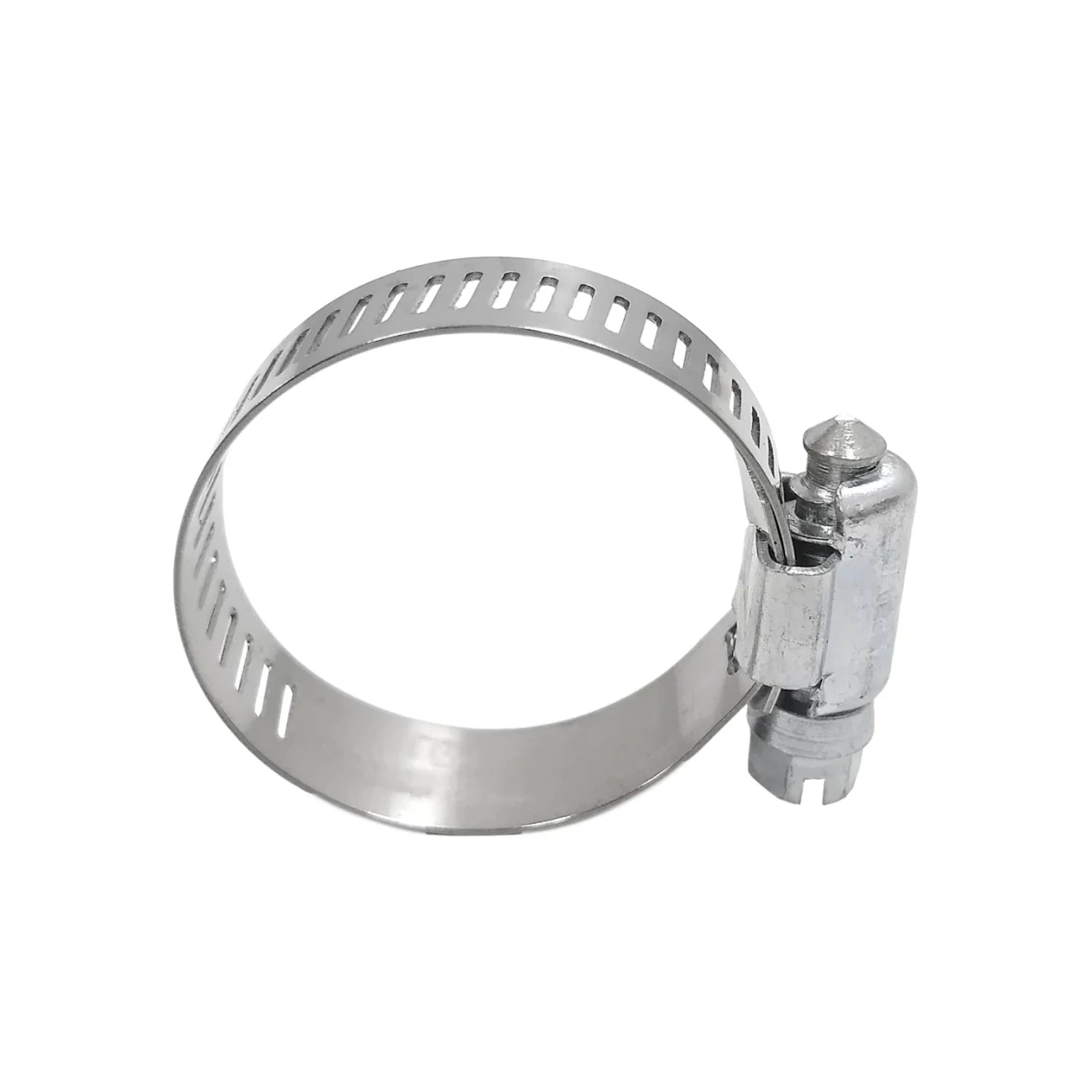 Abrazadera sin fin metálica plateada con banda perforada y mecanismo de tornillo para ajuste de mangueras