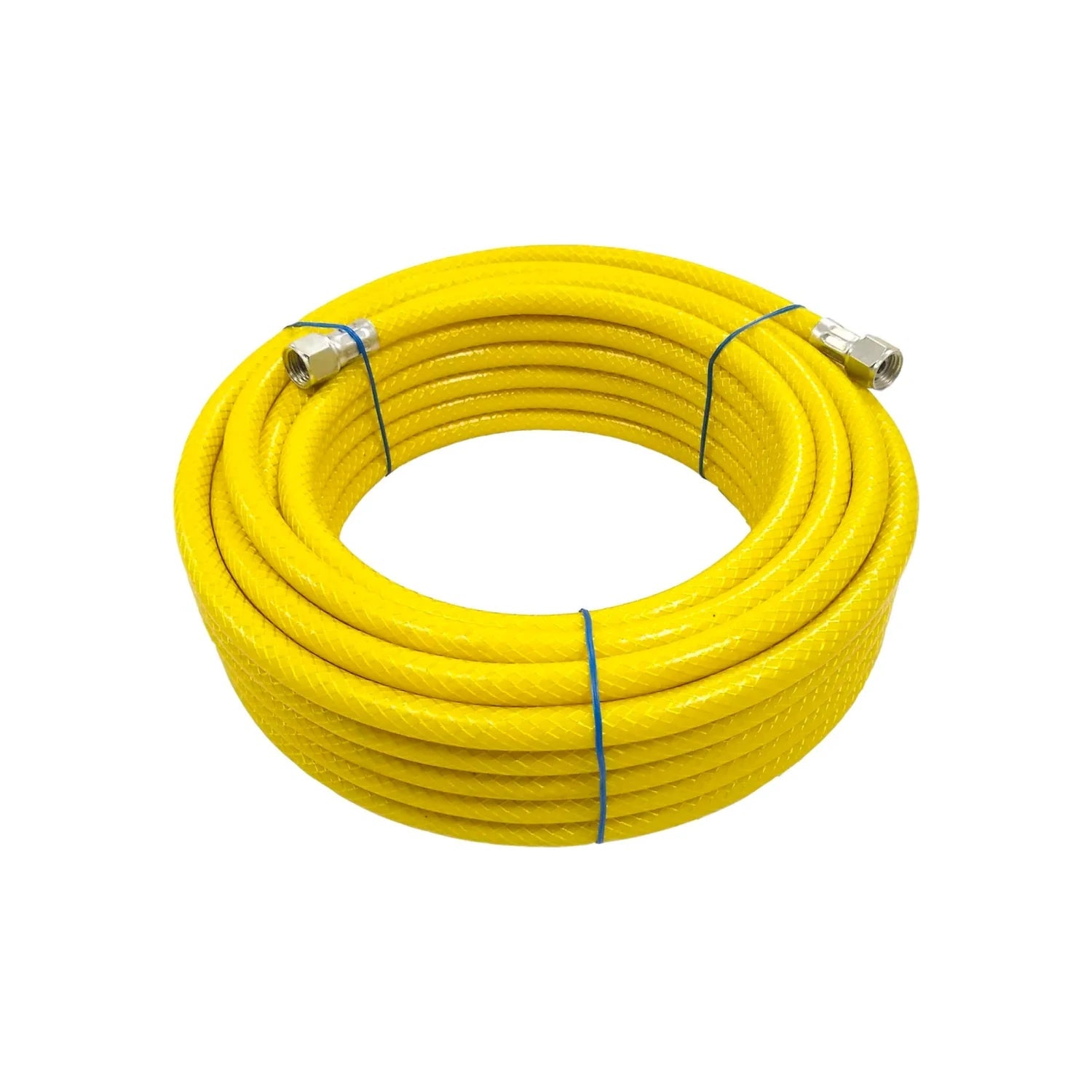 Manguera para compresora PVC amarilla, enrollada 1/4x15m, con conectores metálicos