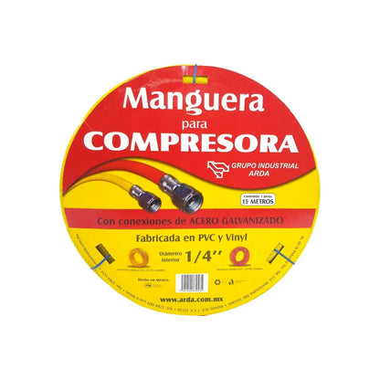 Manguera compresora Arda PVC amarilla 1/4"x15m con conexiones de acero galvanizado y 175 PSI