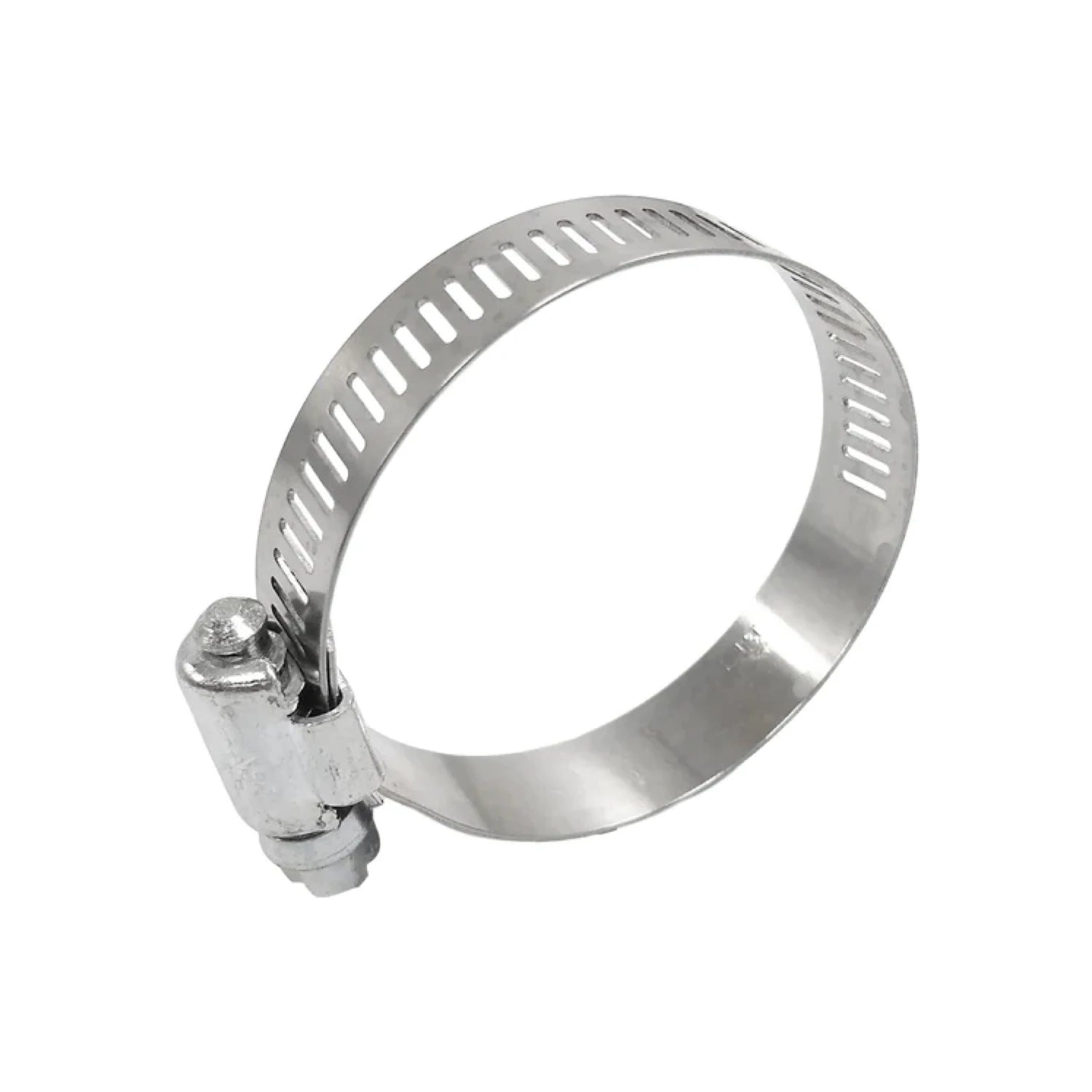Abrazadera sin fin metálica de acero inoxidable para mangueras y tubos, con mecanismo de tornillo para un ajuste seguro.