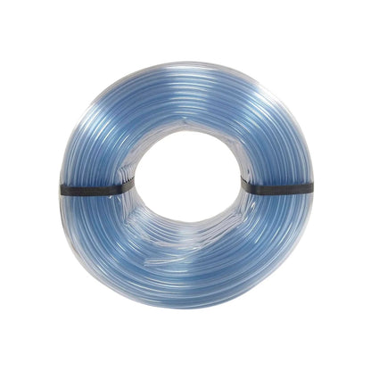 Rollo de manguera transparente azul de 3/8 para nivel, flexible y duradera, uso en construcción.