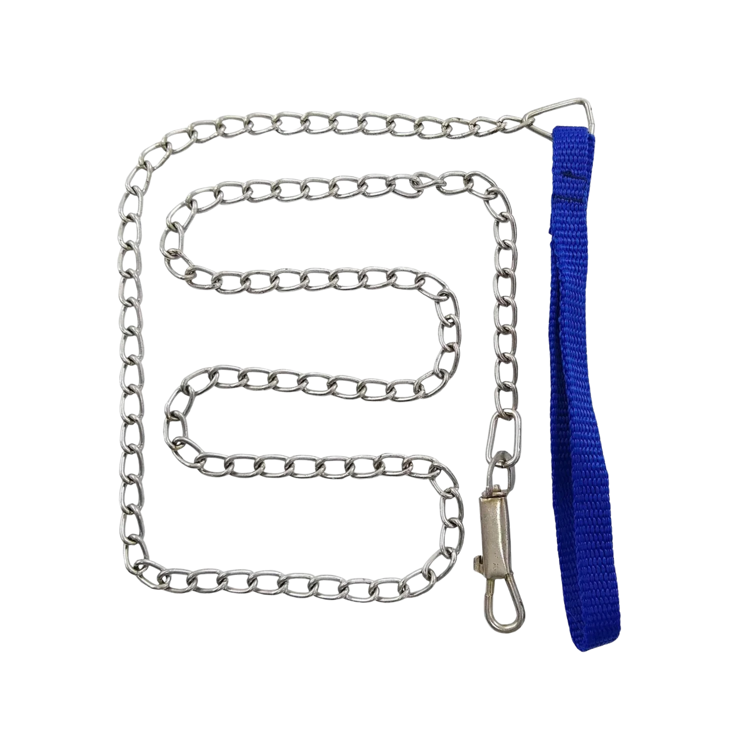 Cadena para perro de eslabones metálicos, con asa de tela azul y mosquetón de seguridad para paseo