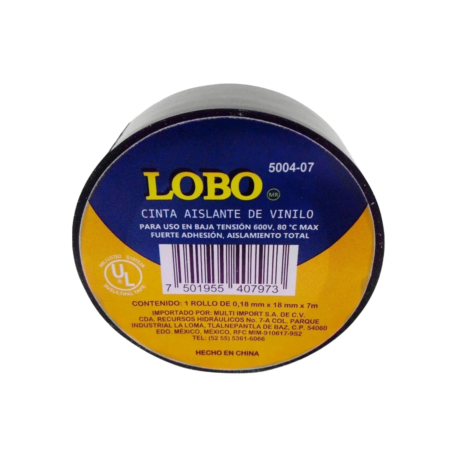 Cinta aislante de vinilo negra Lobo 5004-07, 18mm x 7m, 600V, max 80°C, fuerte adhesión