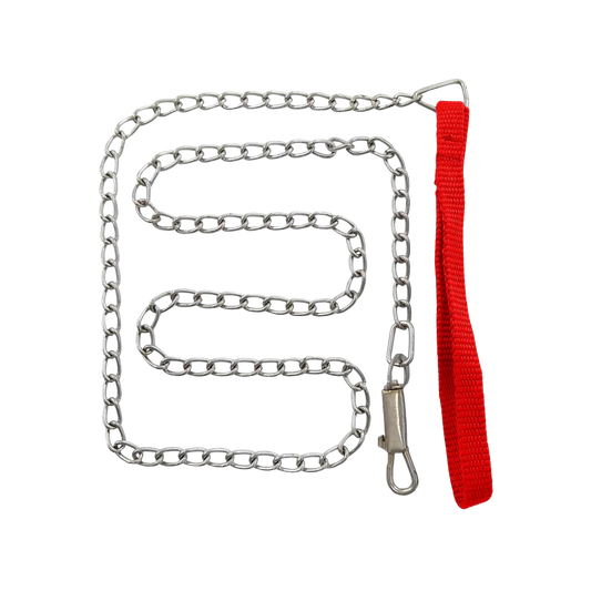 Correa de cadena de acero para perro con eslabones resistentes, asa de nylon roja y gancho de seguridad.