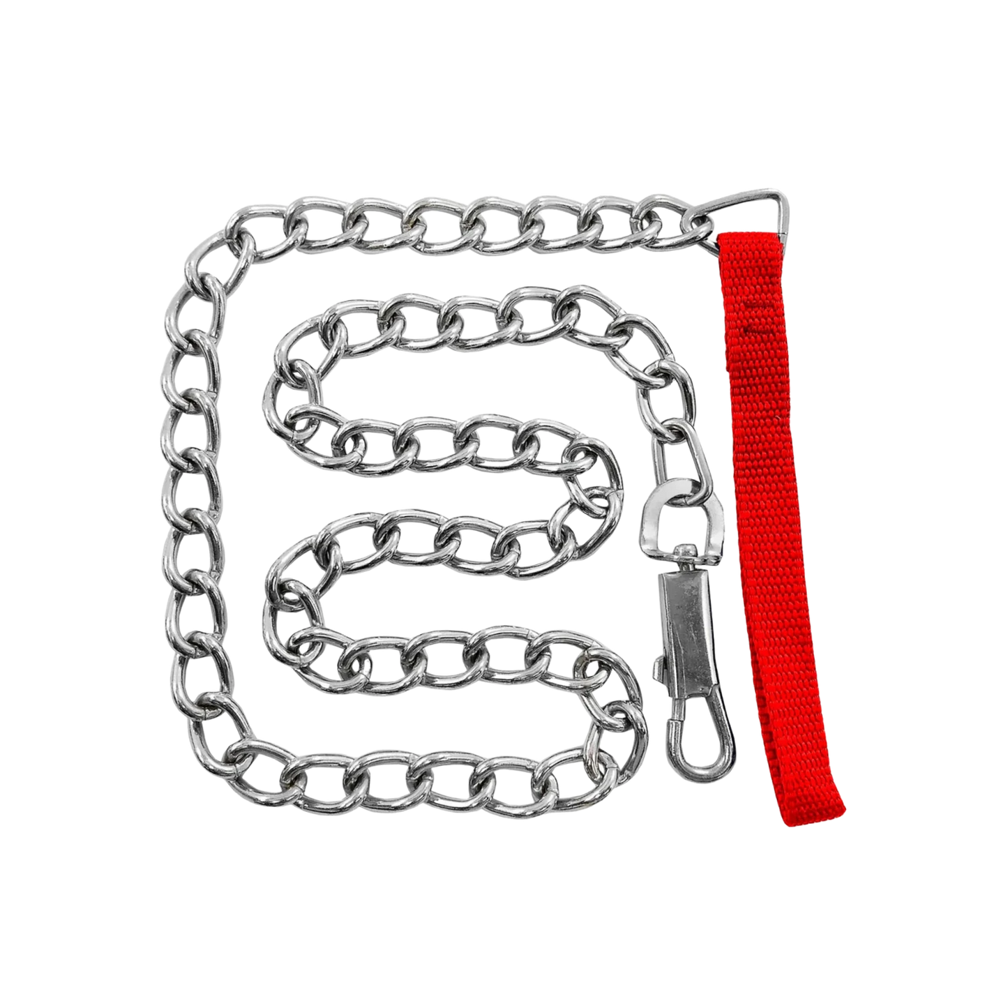 Cadena metálica para perro de eslabones gruesos con correa de nylon roja y mosquetón resistente.