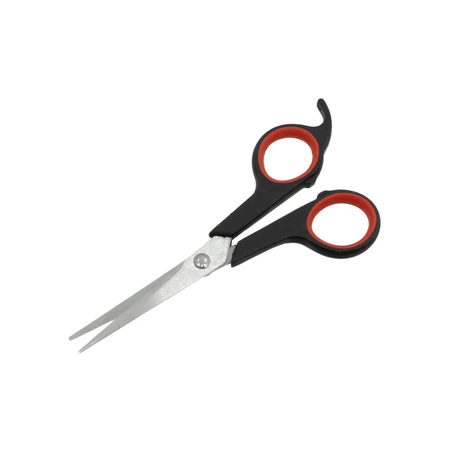 Tijera de peluquero 5.5 pulgadas, mango negro con aros rojos, hojas de acero inoxidable.