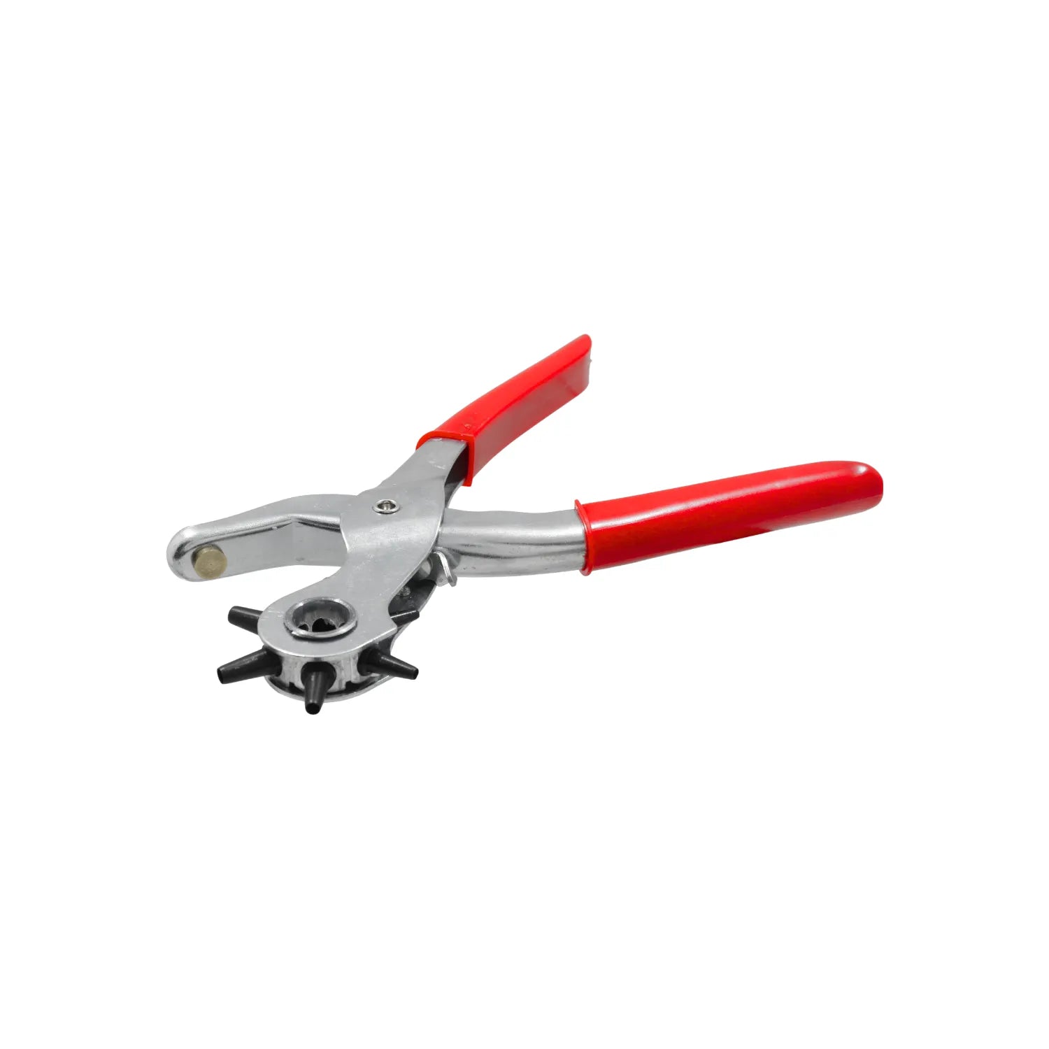 Alicate sacabocados rotativo para cuero y cinturones con 6 medidas de perforación y mango rojo ergonómico