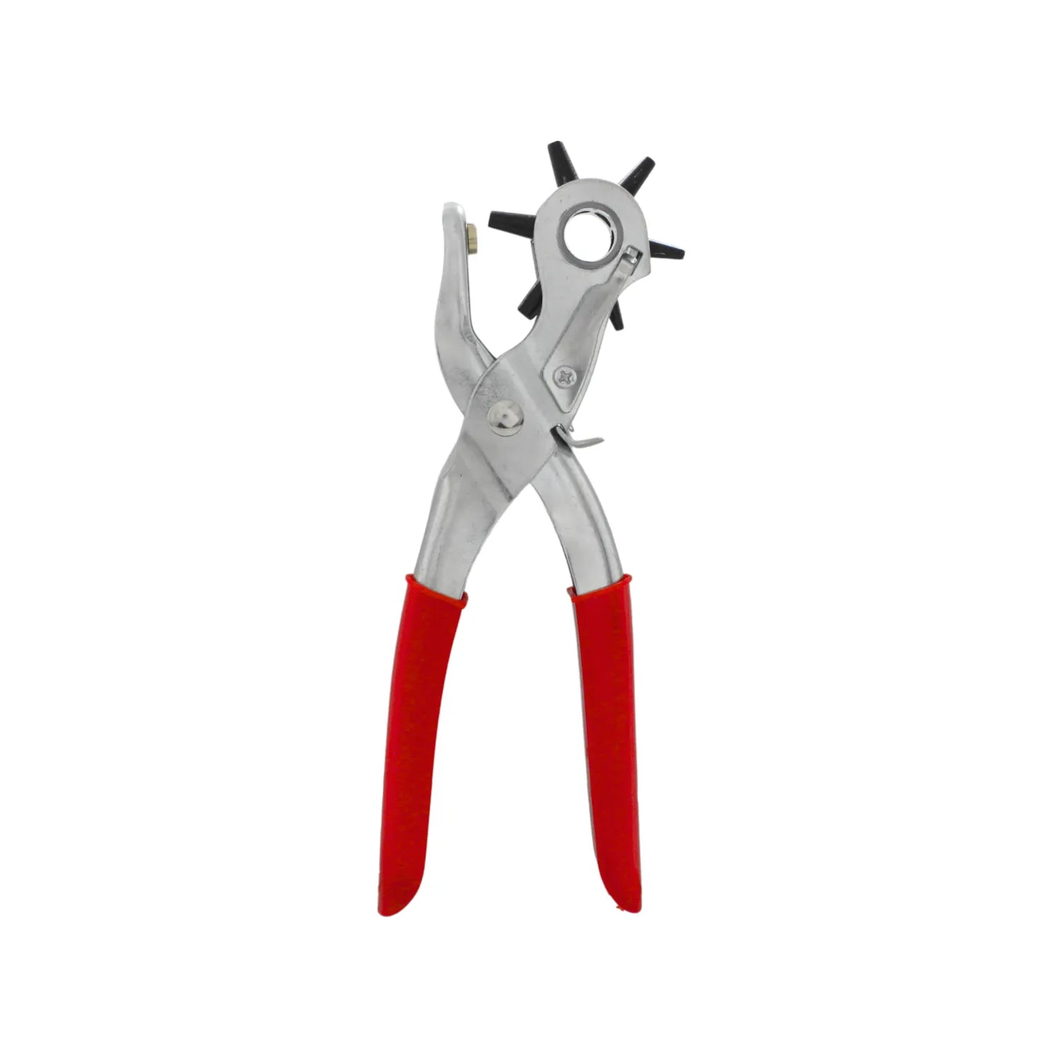 Pinza sacabocados rotativa para cuero y cinturones de 6 medidas con mangos rojos ergonómicos