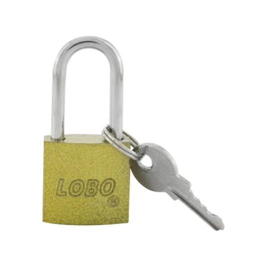 Candado de latón dorado LOBO con grillete estándar y llave de seguridad. Robusto para protección.
