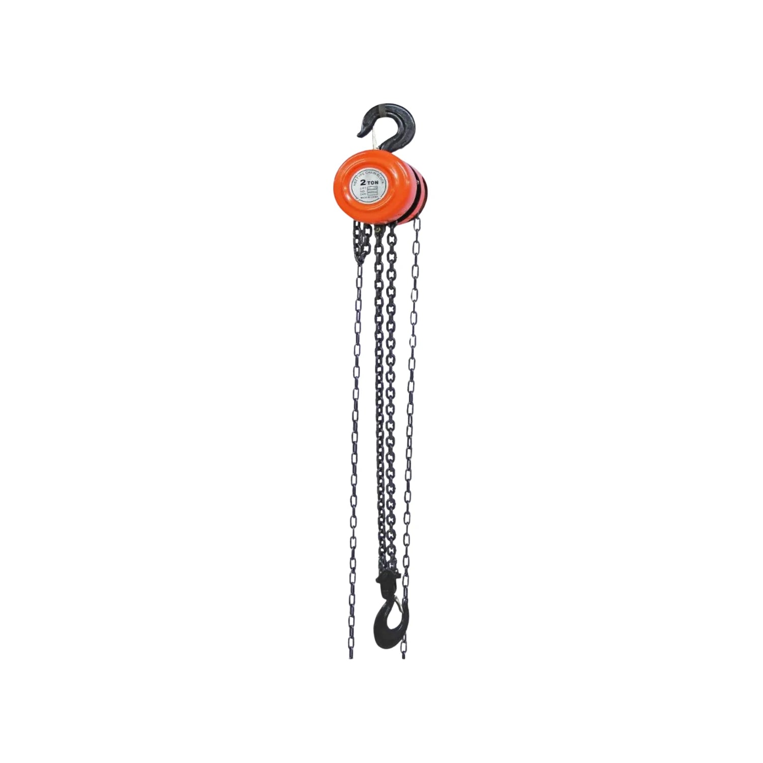 Garrucha de cadena manual naranja 2 toneladas con ganchos, para elevación de carga pesada.