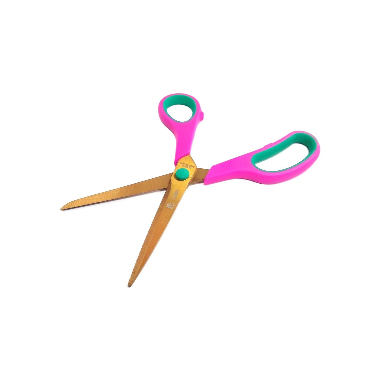 Tijera de oficina Lobo 8'' con mango ergonómico rosa y verde, hojas doradas de titanio inoxidable.