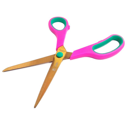 Tijeras Lobo de oficina y escolares con mangos rosa y verde ergonómicos, hojas acero inoxidable color titanio, filo dentado.
