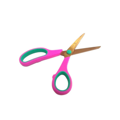 Tijera de oficina con mangos rosa y verde, hojas doradas de titanio para corte preciso