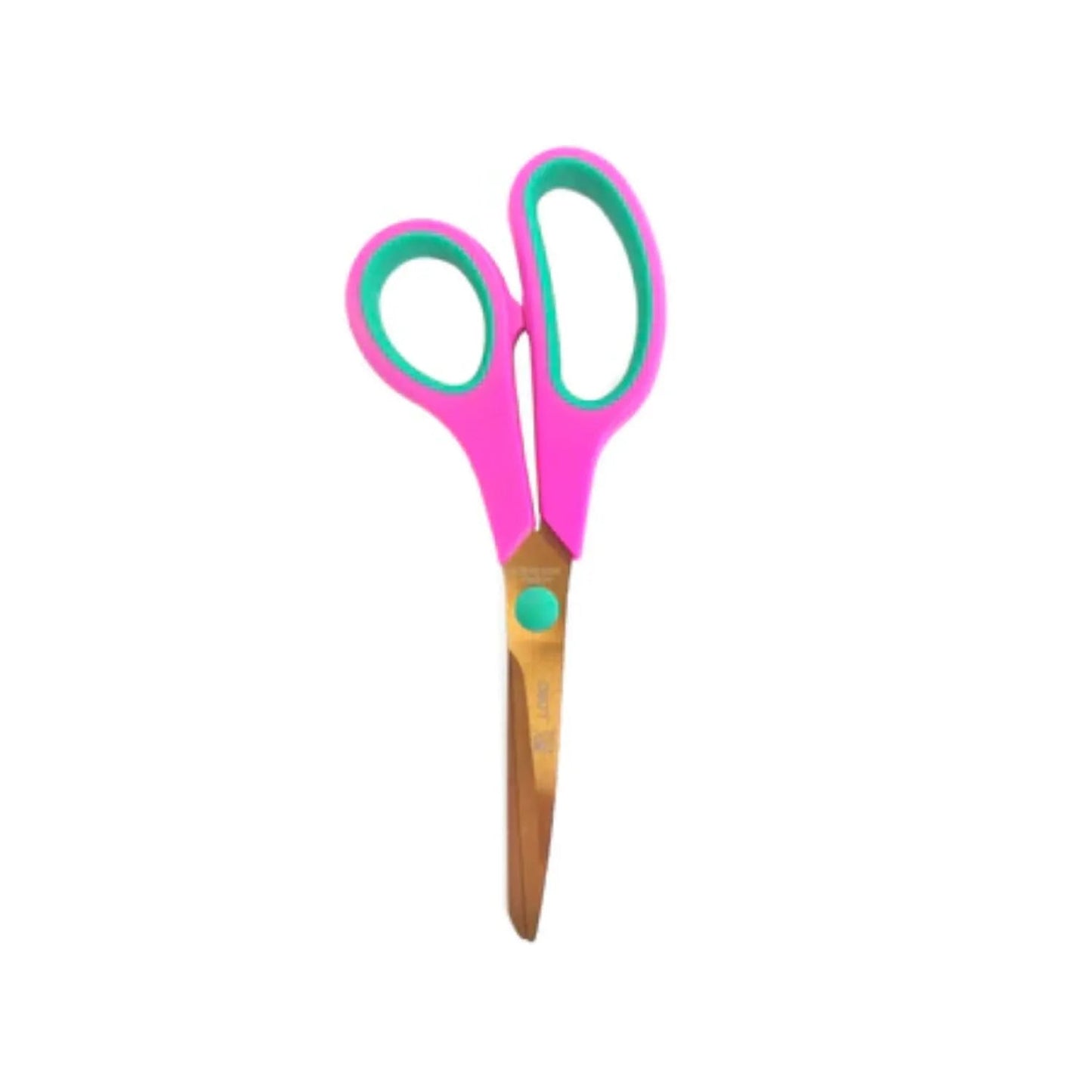 Tijera de oficina rosa y verde con hojas doradas de titanio, ideal para cortes precisos