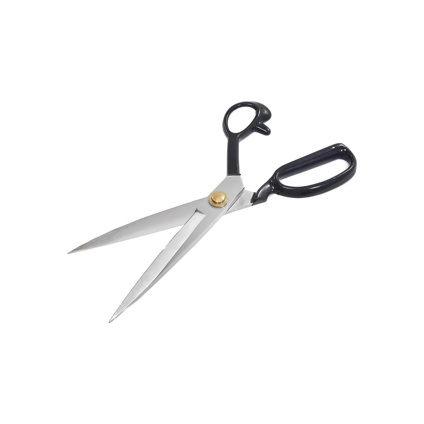 Tijera de sastre profesional de 10 pulgadas con mango antiderrapante negro y hojas de acero plateado para tela.