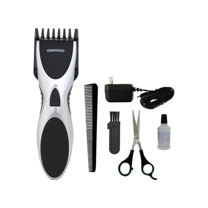 Cortadora de cabello DAEWOO plateada y negra con peine ajustable, cargador, tijeras, peine y kit de limpieza.