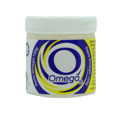 Pasta para soldar Omega 100g, fundente en tarro blanco para soldadura de estaño en componentes electrónicos.