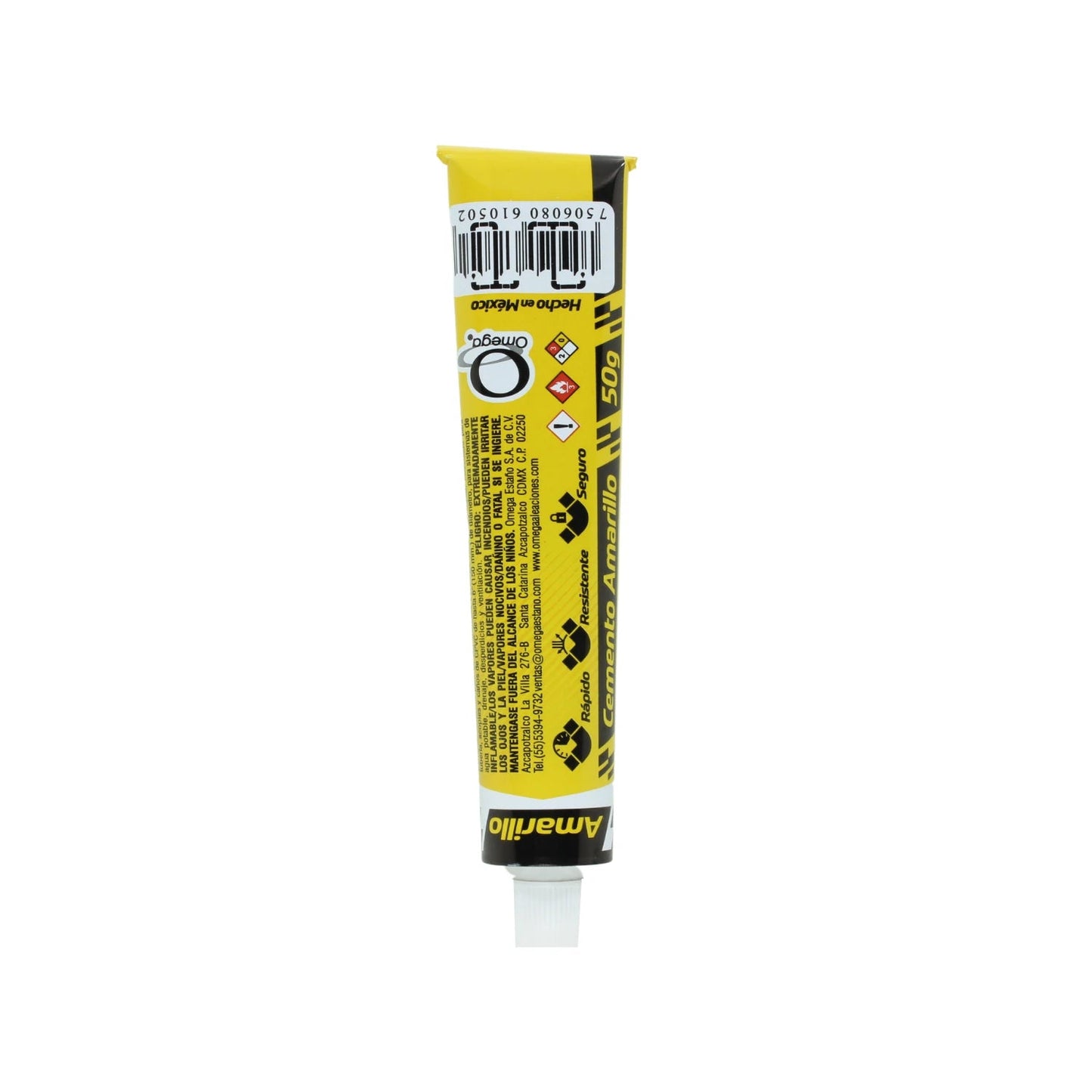 Tubo de Cemento Amarillo Omega 50g, pegamento adhesivo rápido y resistente.