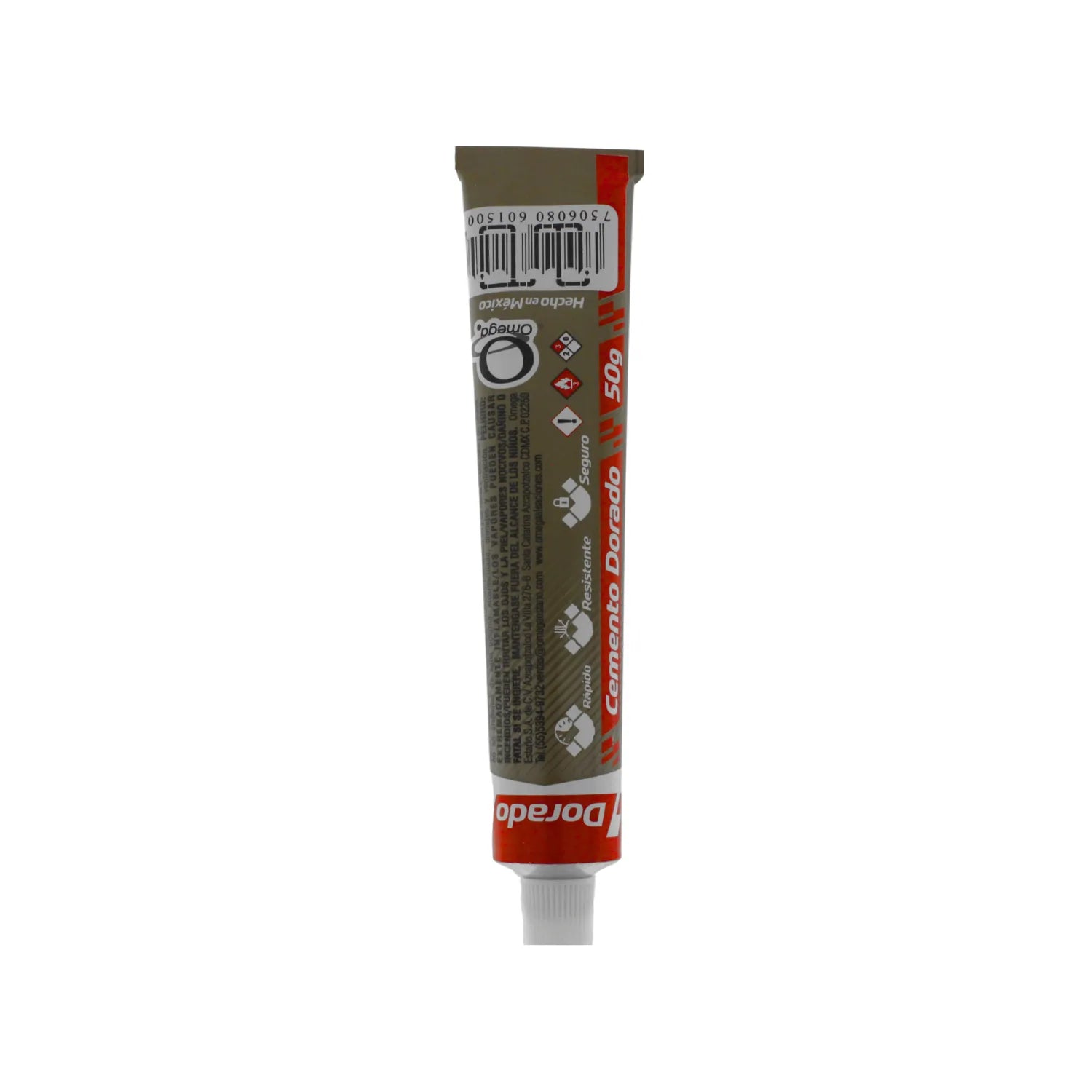 Tubo de Cemento Dorado 50g marca Omega adhesivo de contacto rápido y resistente para trabajos de ferretería general