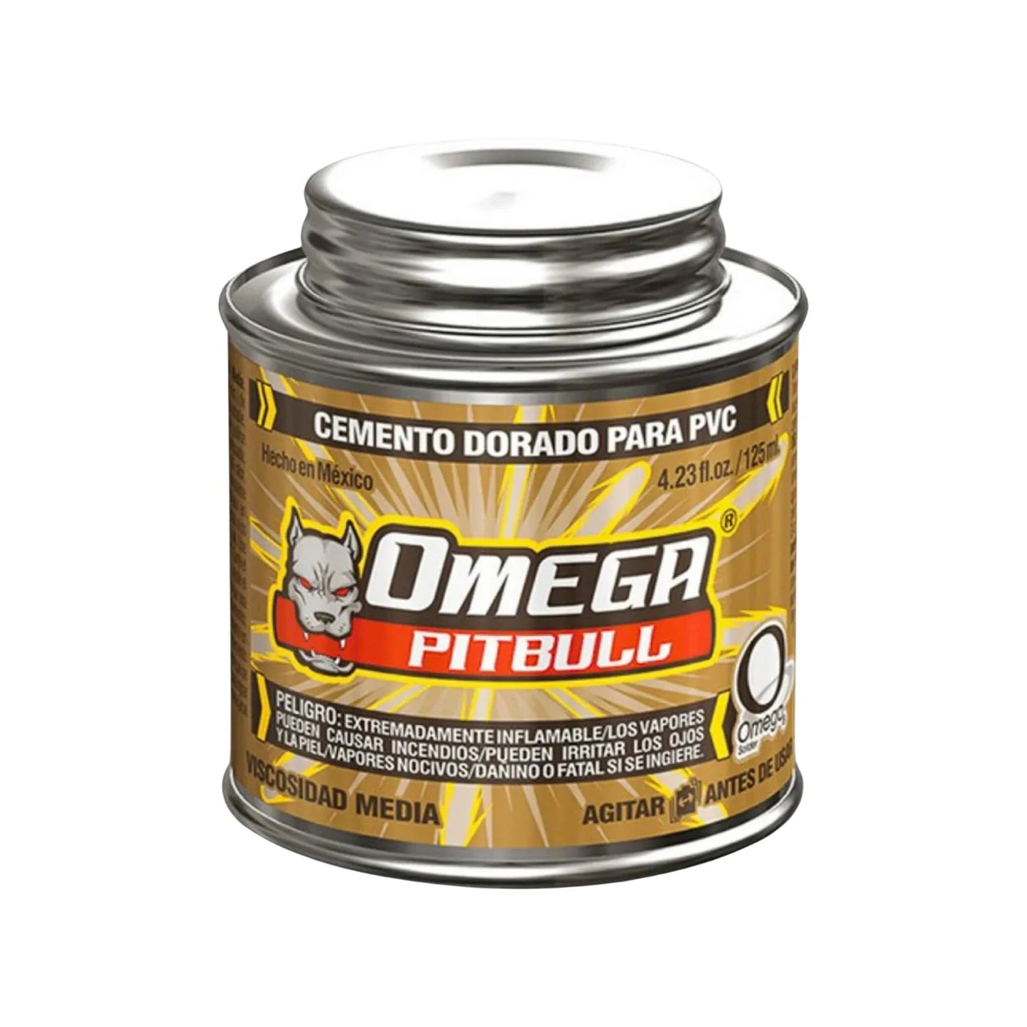 Cemento dorado para PVC Omega Pitbull 125ml, adhesivo de viscosidad media para uniones de tuberías