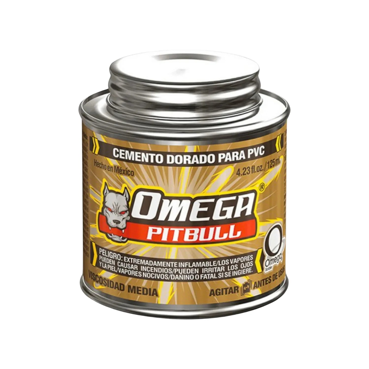 Cemento dorado para PVC Omega Pitbull 125ml, adhesivo de viscosidad media para uniones de tuberías