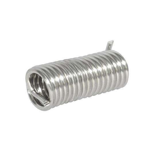 Inserto helicoidal de acero inoxidable para reparación de roscas dañadas, acabado metálico plateado.