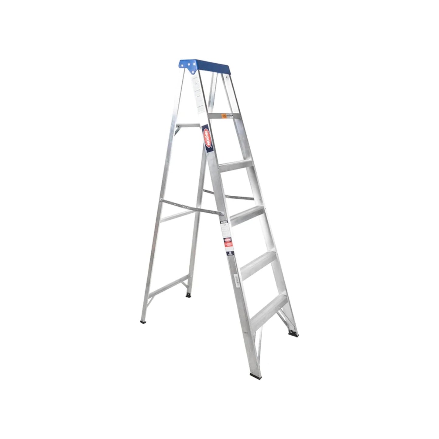 Escalera de tijera Akron de aluminio 1.52m, 5 peldaños, top azul, para trabajos en altura.