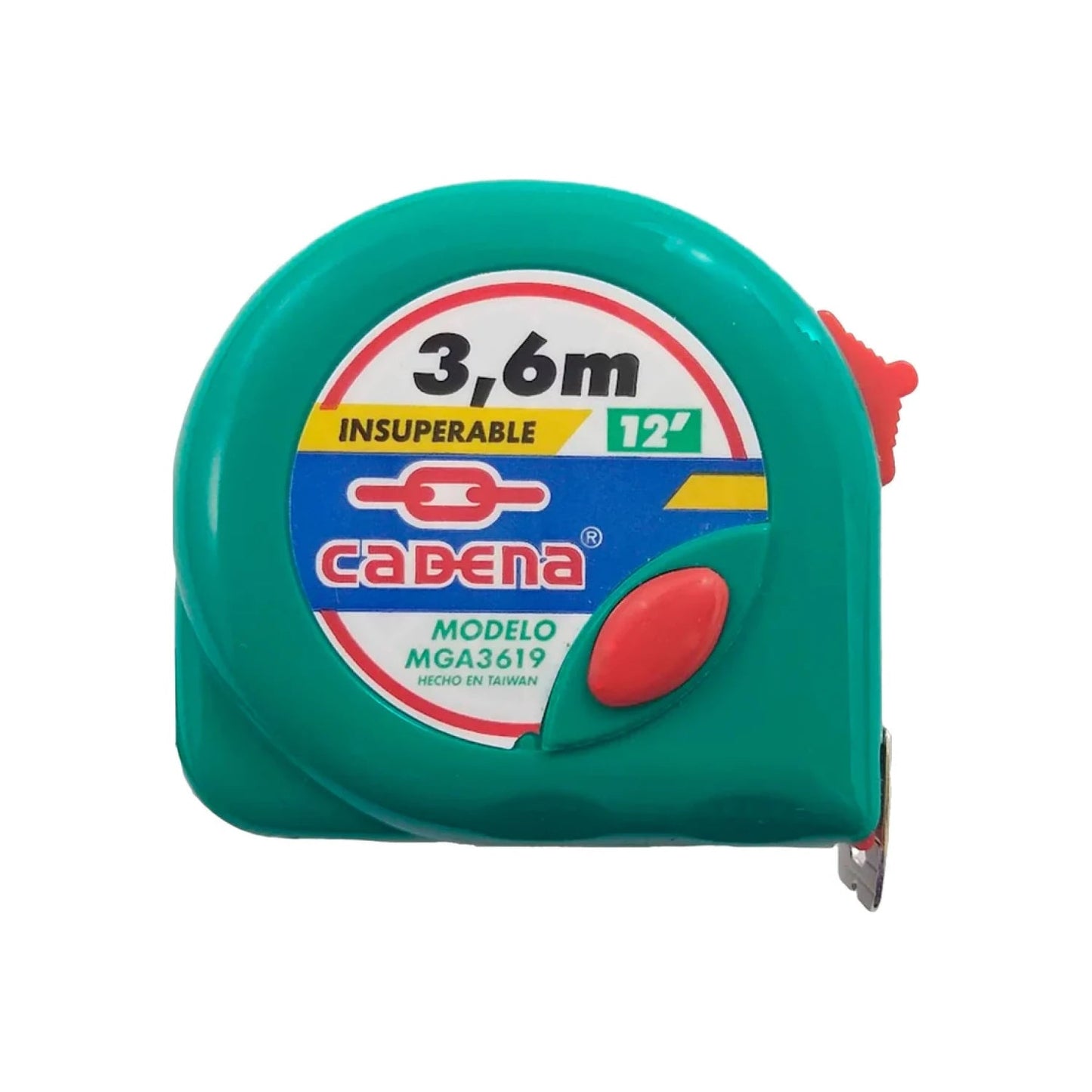 Flexómetro Cadena verde 3.6m (12 pies) modelo MGA3619 para medición, con botón de bloqueo rojo.