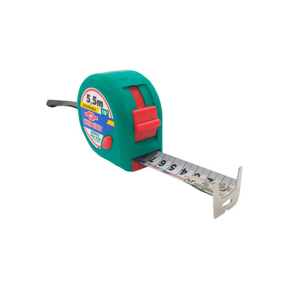 Flexómetro Cadena 5.5m (18ft) verde, cinta métrica para construcción y mediciones precisas.