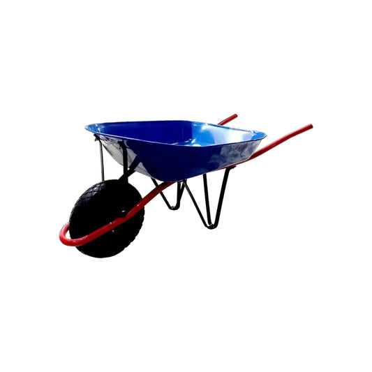 Carretilla honda de 5 pies, cubeta azul y armazón rojo, con llanta para construcción y jardín.