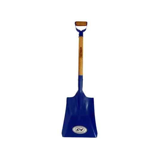 Pala cuadrada de acero azul con puño de madera tipo D marca CH, ideal para construcción y jardinería.