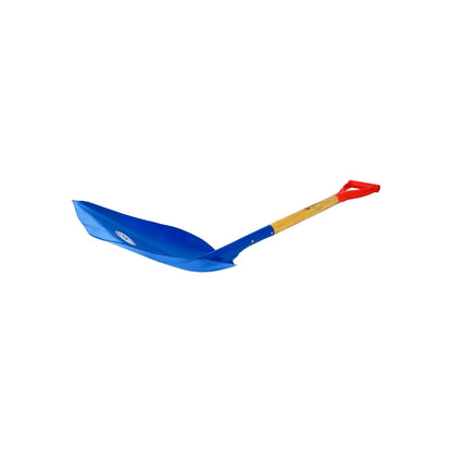 Pala carbonera azul con mango de madera y puño de plástico rojo, ideal para mover materiales a granel.