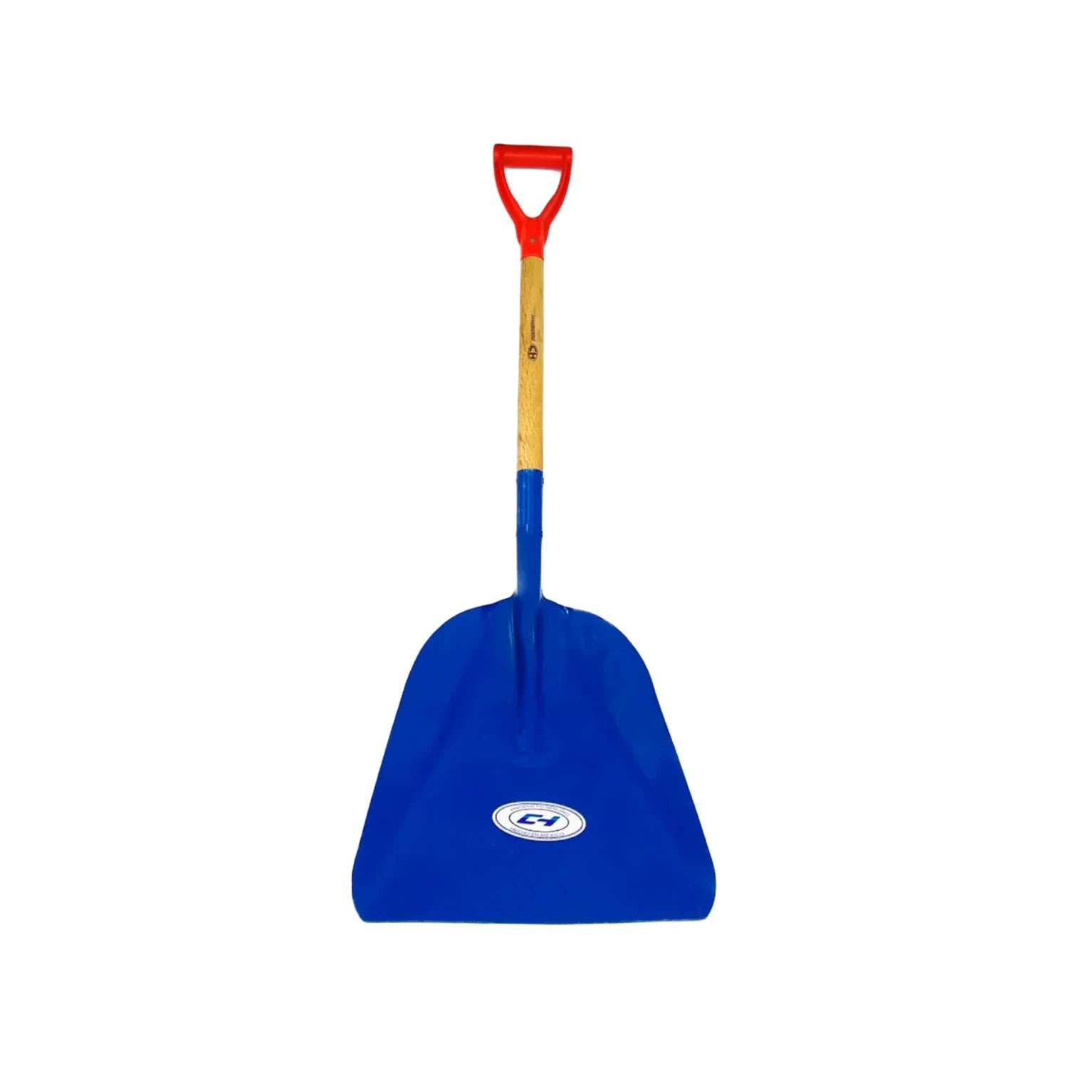 Pala carbonera azul con puño de plástico rojo tipo D y mango de madera marca CH
