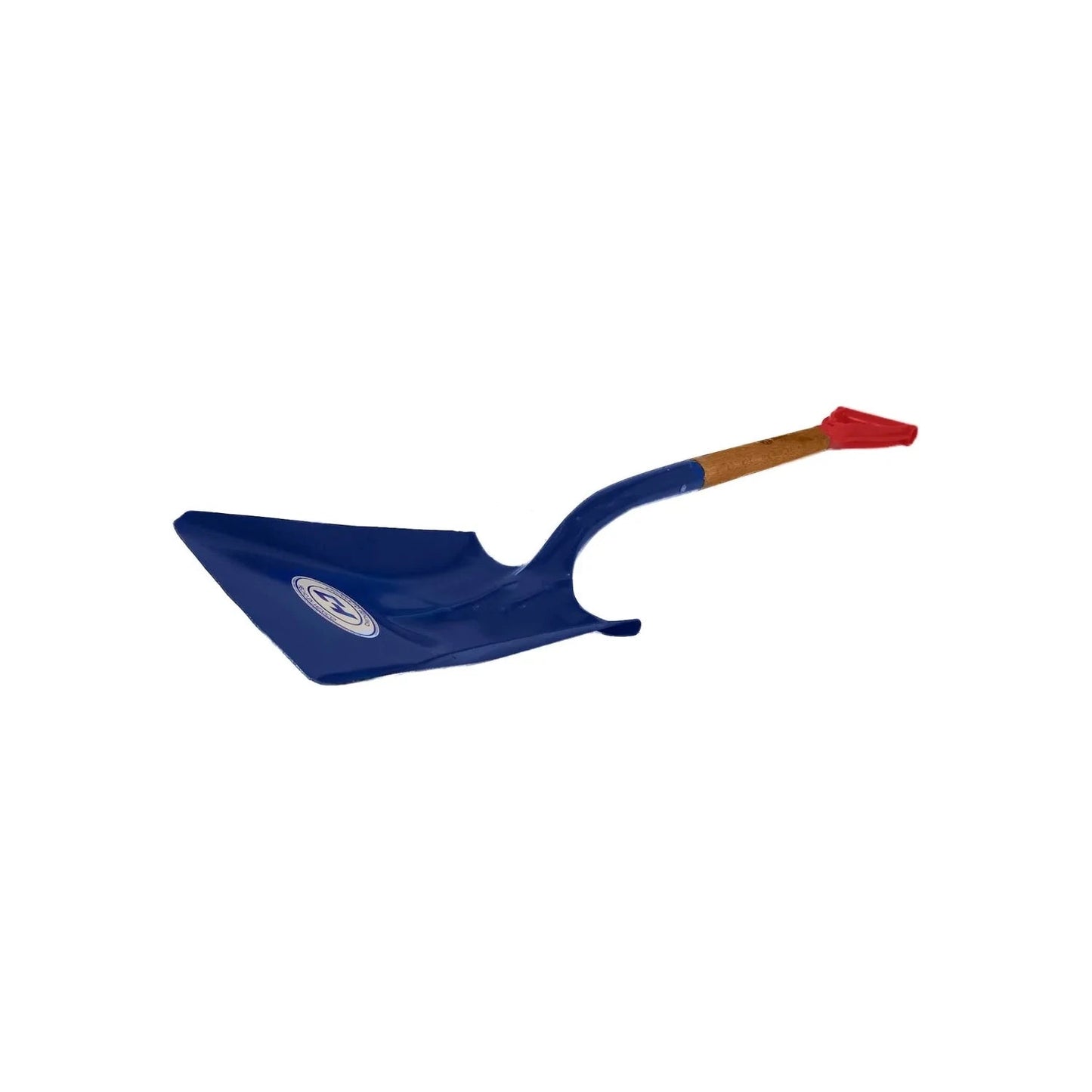 Pala cuadrada azul con mango de madera, puño de plástico rojo para jardinería y construcción