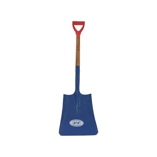 Pala cuadrada CH azul con puño de plástico D rojo y mango de madera para jardinería.