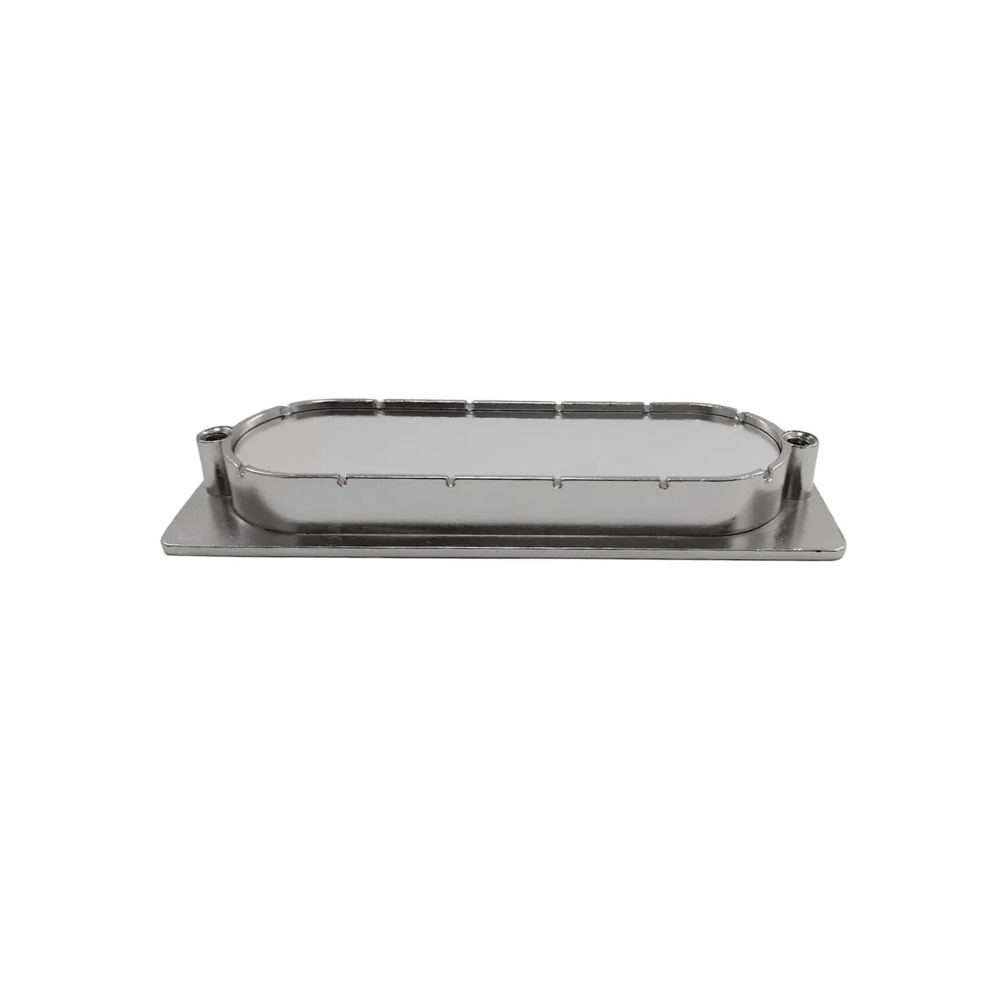 Placa de montaje metálica cromada ovalada para herrajes de puertas con orificios laterales roscados