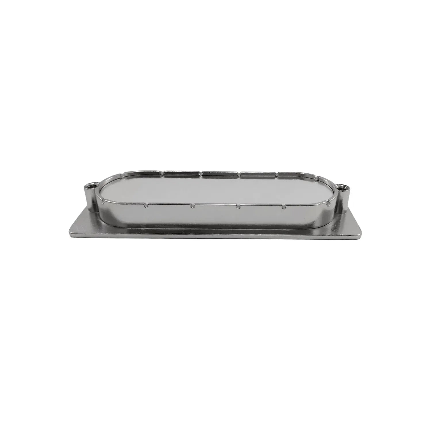 Placa de montaje metálica cromada ovalada para herrajes de puertas con orificios laterales roscados