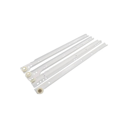 Correderas de cajón tipo europeo blancas, set de 4 rieles metálicos con rodillos plásticos para muebles.