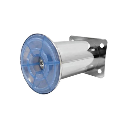 Pata de mueble cromada con base protectora azul, herraje metálico para sofá o cama.