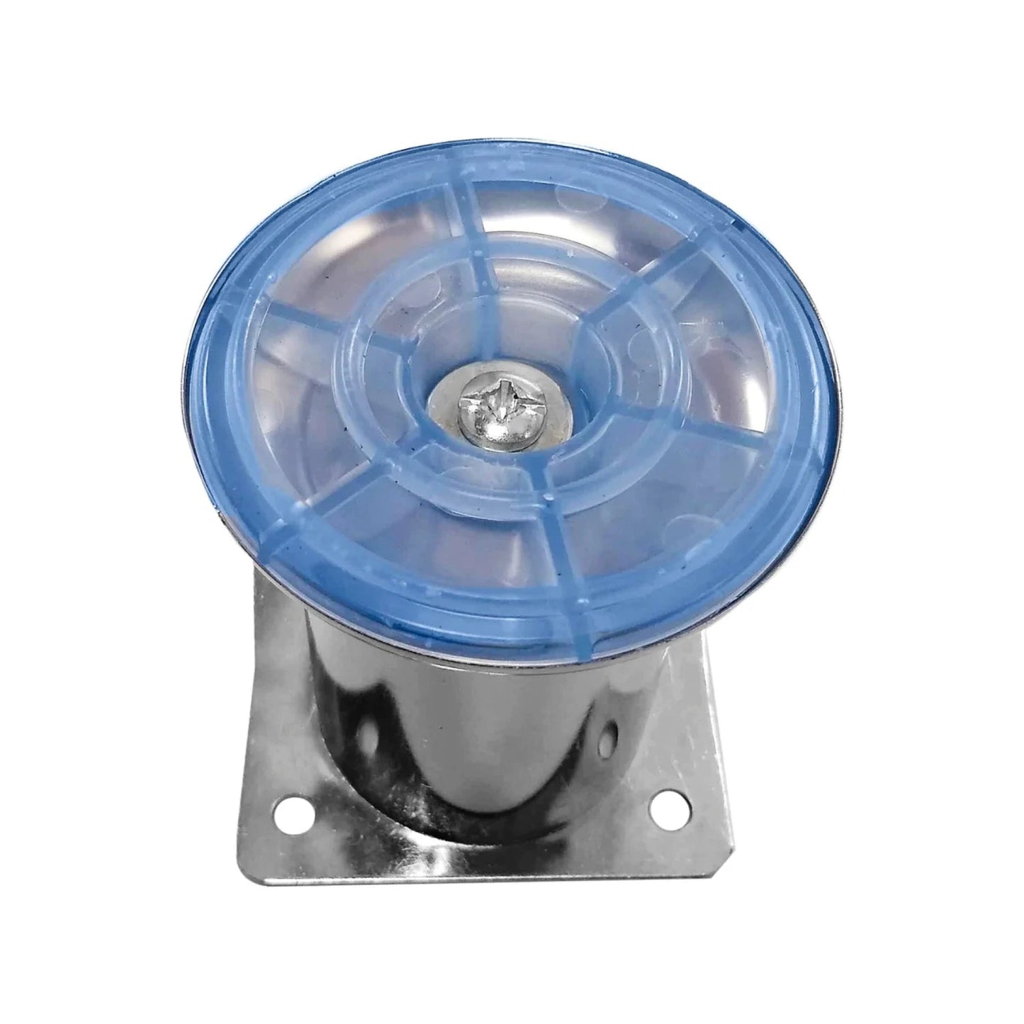 Rueda giratoria pequeña de plástico azul transparente para muebles, base metálica cromada con placa de fijación