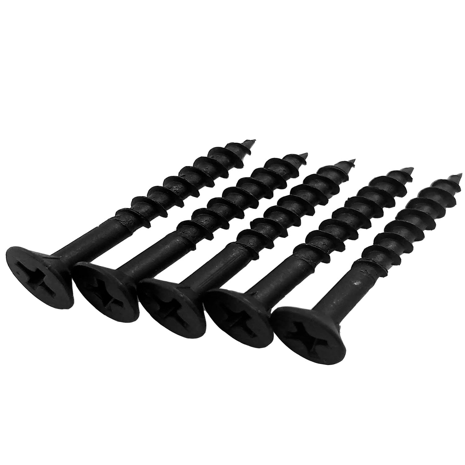 Cinco pijas negras Phillips para madera o drywall, cabeza plana, rosca gruesa y punta aguda.