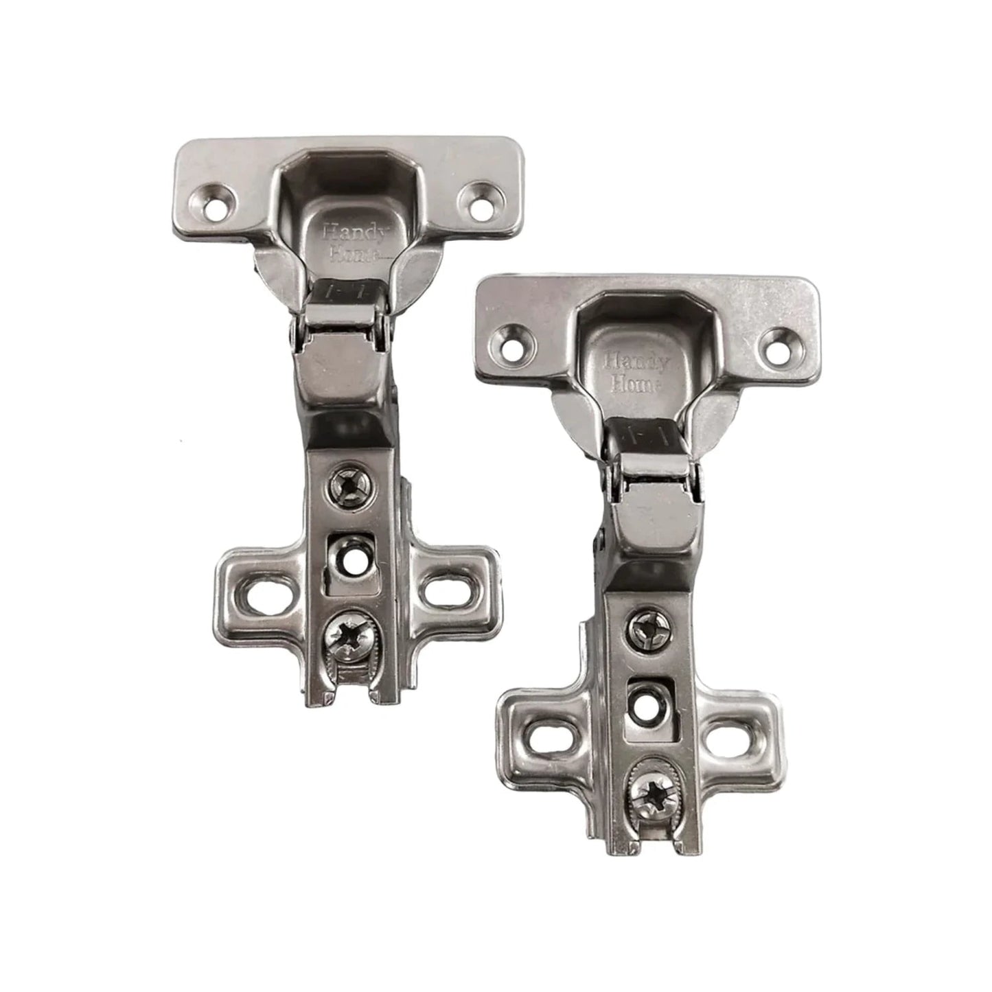 Dos bisagras bidimensionales internas Handy Home de acero inoxidable para puertas de gabinetes, acabado plata brillante.