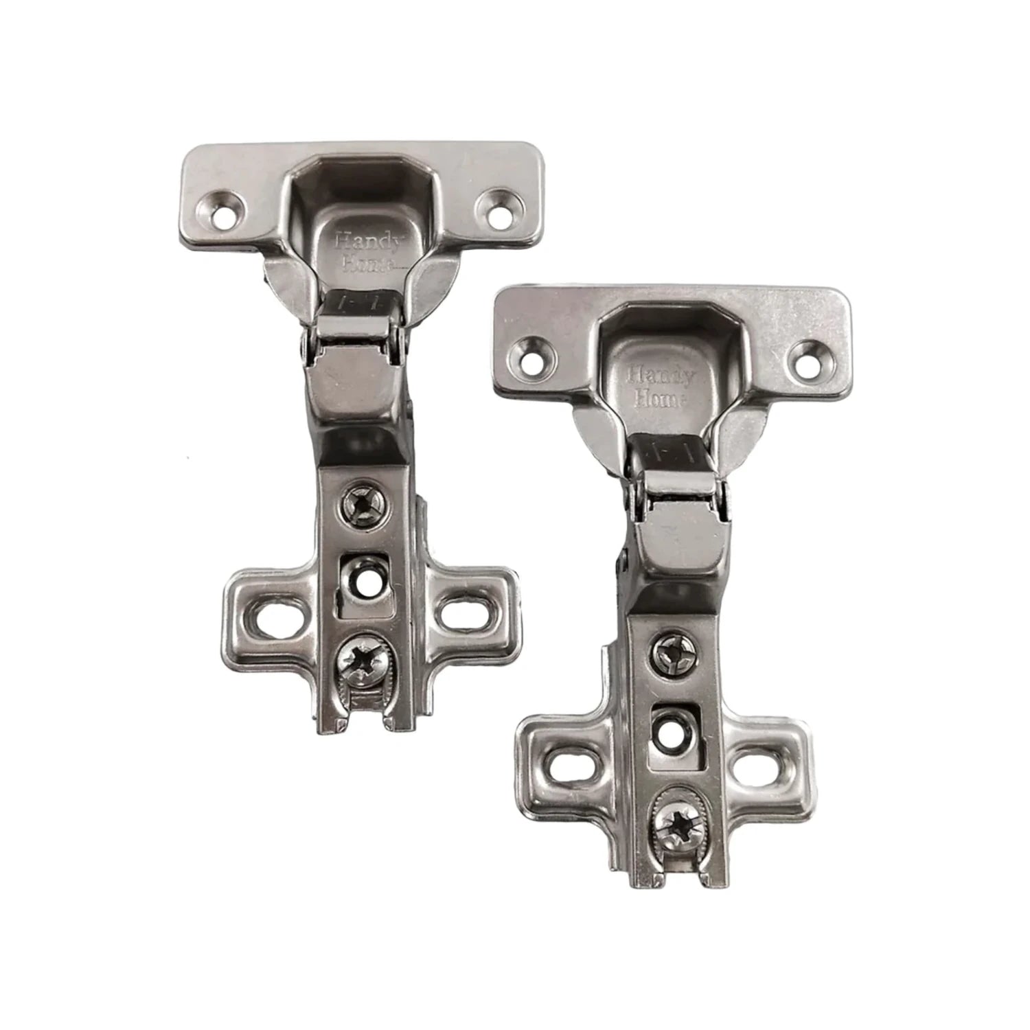 Dos bisagras bidimensionales internas Handy Home de acero inoxidable para puertas de gabinetes, acabado plata brillante.