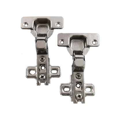 Dos bisagras bidimensionales internas Handy Home de acero inoxidable para puertas de gabinetes, acabado plata brillante.