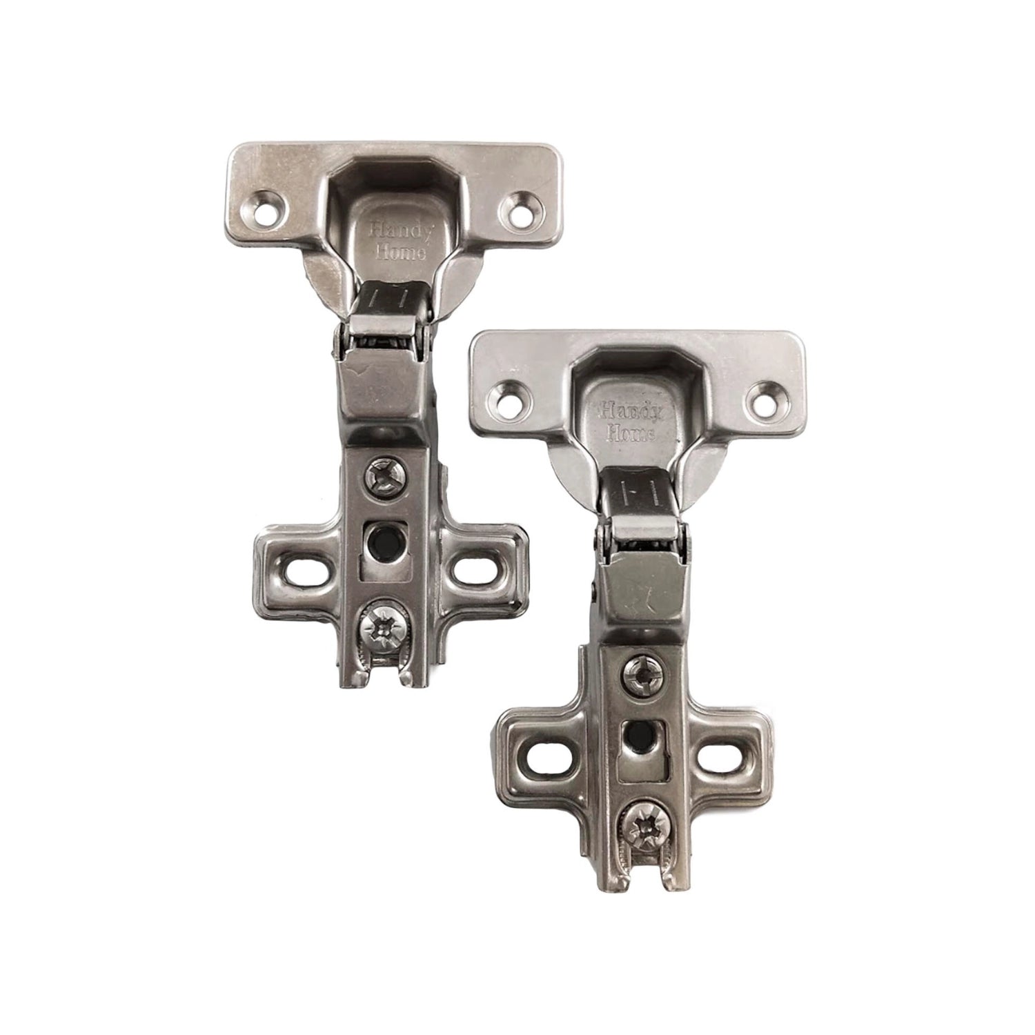Par bisagras bidimensionales Handy Home de cazoleta media curva, herraje acero niquelado para puertas de gabinete.