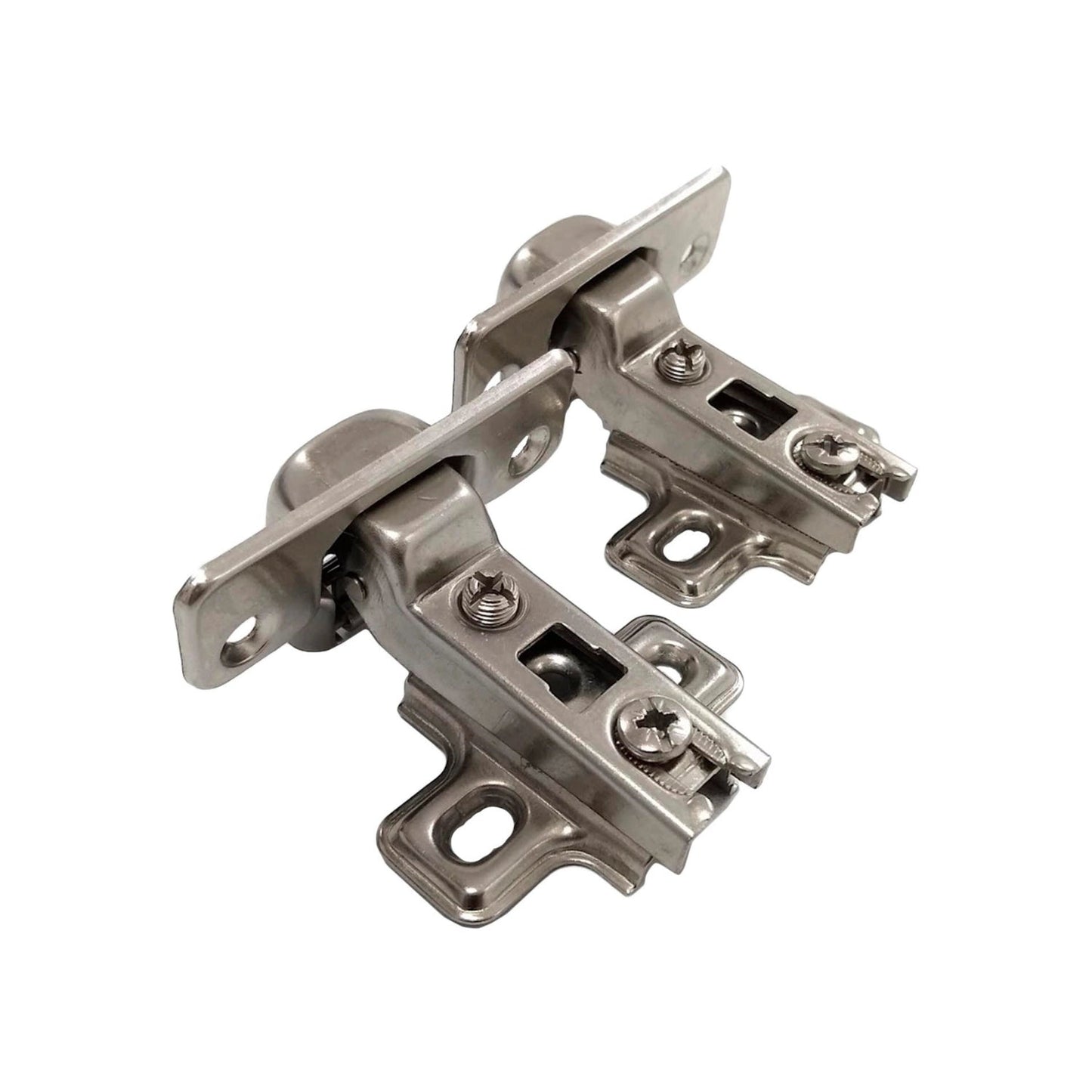 Dos bisagras bidimensionales de mueble, acabado niquelado, con tornillos de ajuste para gabinetes.