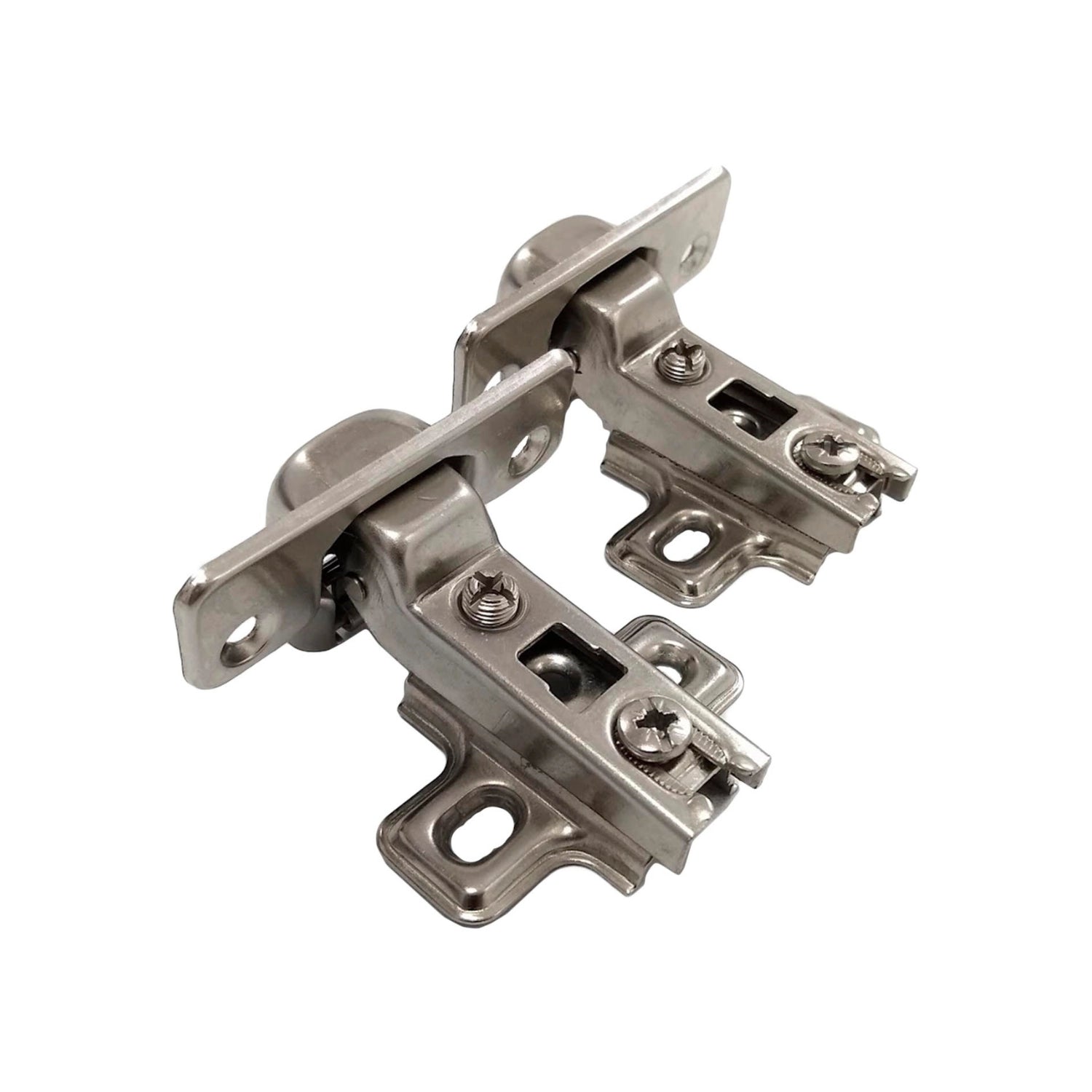 Dos bisagras bidimensionales de mueble, acabado niquelado, con tornillos de ajuste para gabinetes.