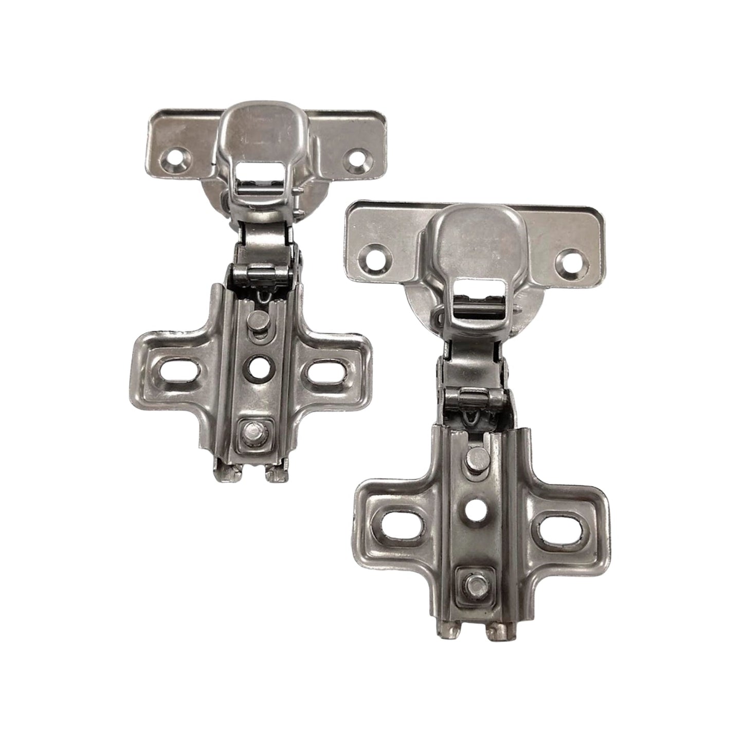 Par de bisagras bidimensionales de cazoleta metálicas para puertas de mueble, acabado plateado.