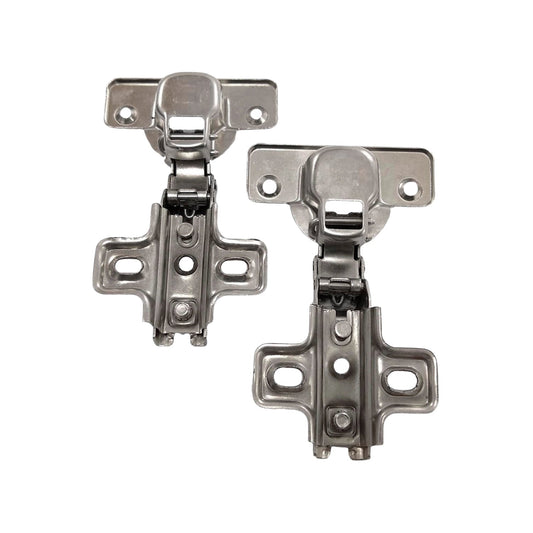 Par de bisagras bidimensionales de cazoleta metálicas para puertas de mueble, acabado plateado.