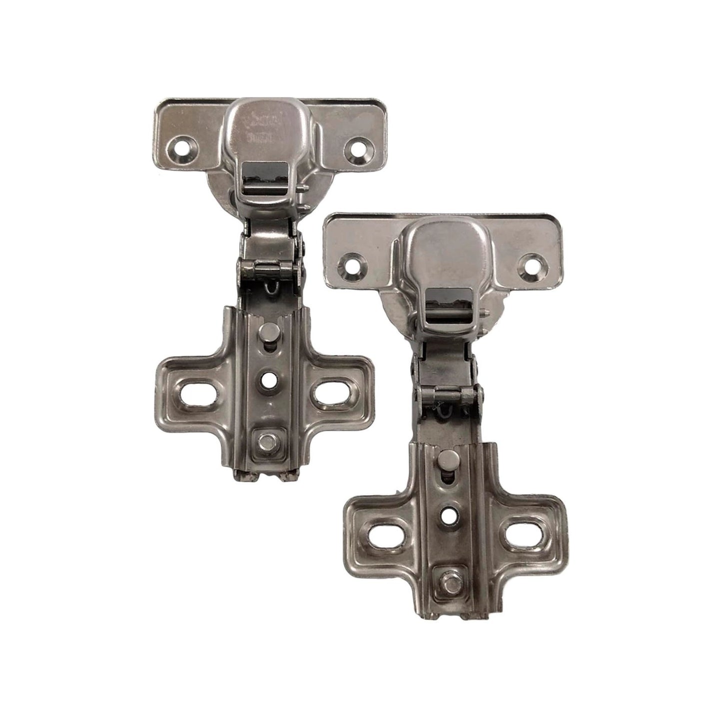 Par de bisagras bidimensionales para puerta de gabinete, metálicas con acabado plateado, ideales para muebles de cocina.